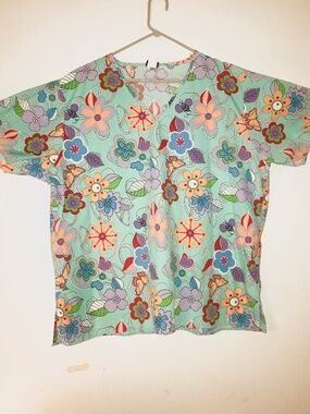 DENISE Blue Green Floral Scrub Top V-Neck Medical Nurse Uniform Plus Size 2X